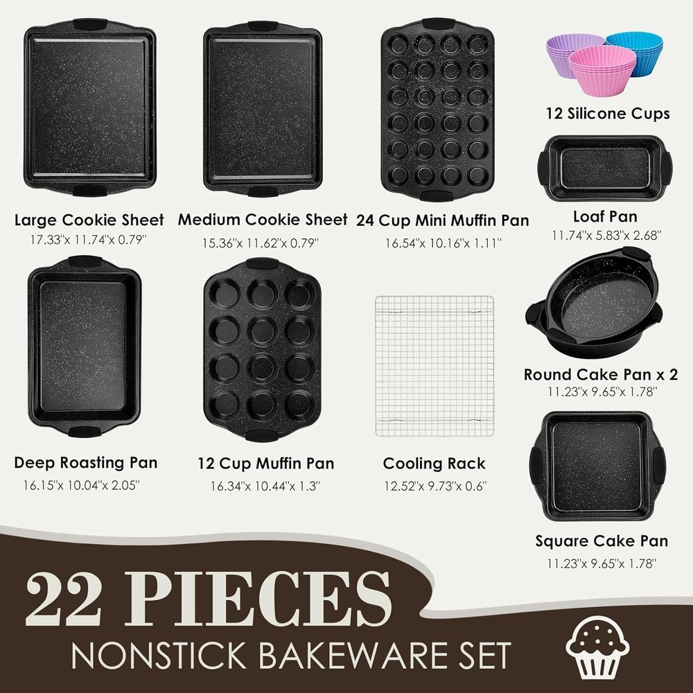 Baking Pans Set Nonstick Bakeware Sets Stackable W/ Silicone Handles 22 Pieces