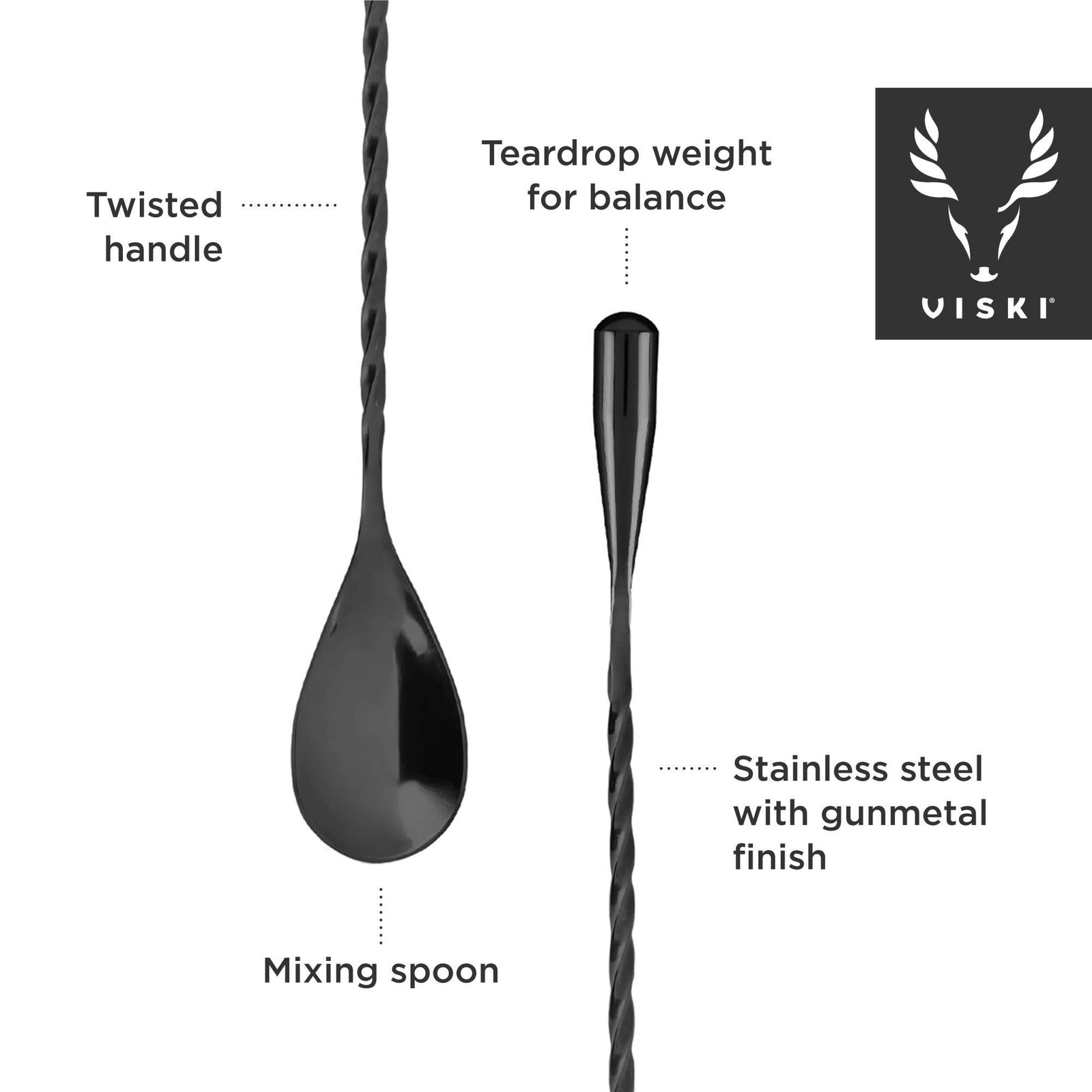 Viski Gunmetal Weighted Stainless Steel Barspoon, Japanese Twisted Stem Handl...