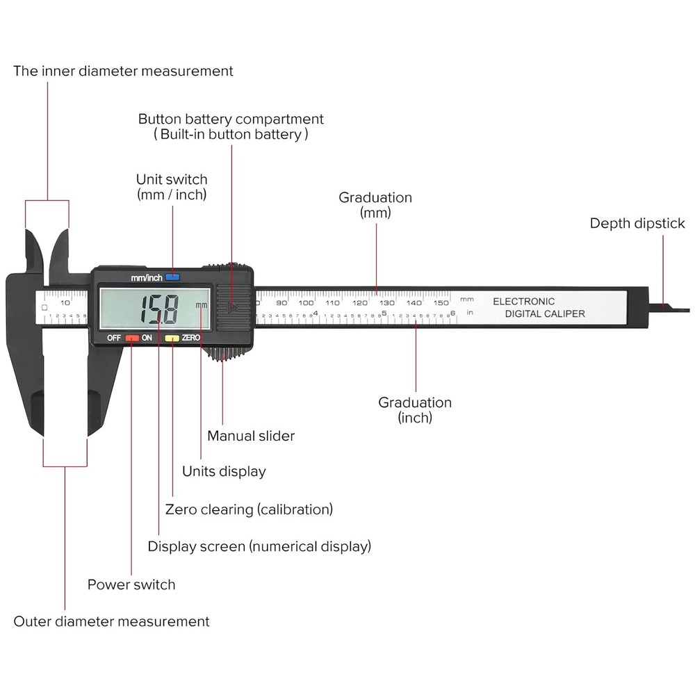 Digital Caliper Plastic 6 Inch Measuring Tool LCD Screen Inch/MM Conversion
