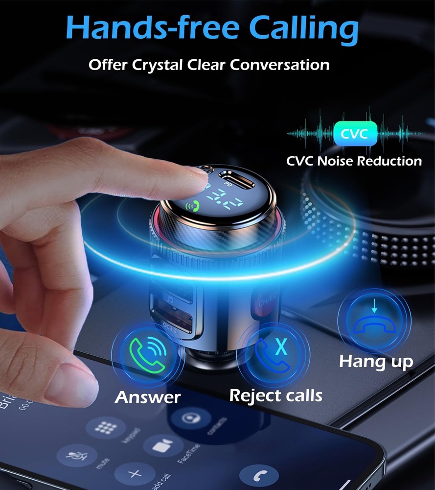 Bluetooth Car Adapter, Wireless AUX FM Transmitter, USB CQC3.0 Dual Fast Char...