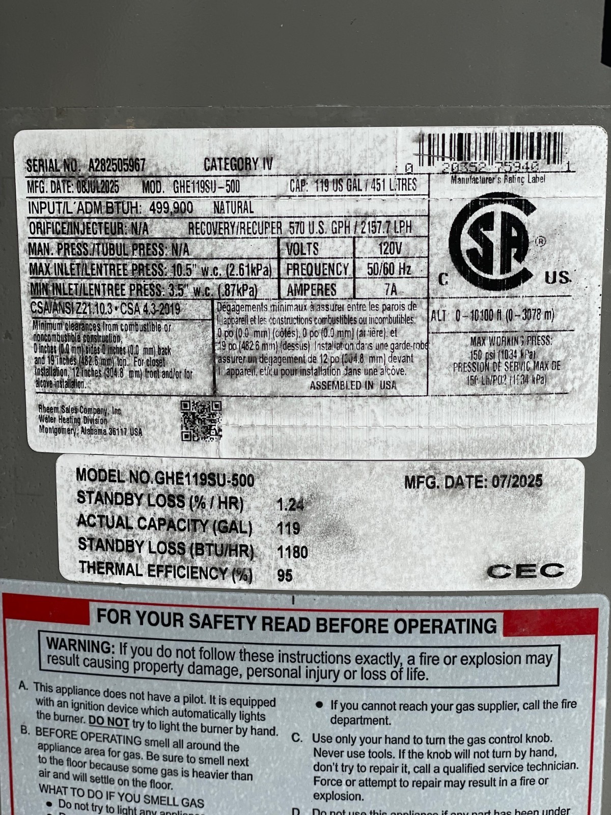 NEW Rheem NG Triton Super Duty 119 Gallon Commercial Water Heater GHE119SU-500