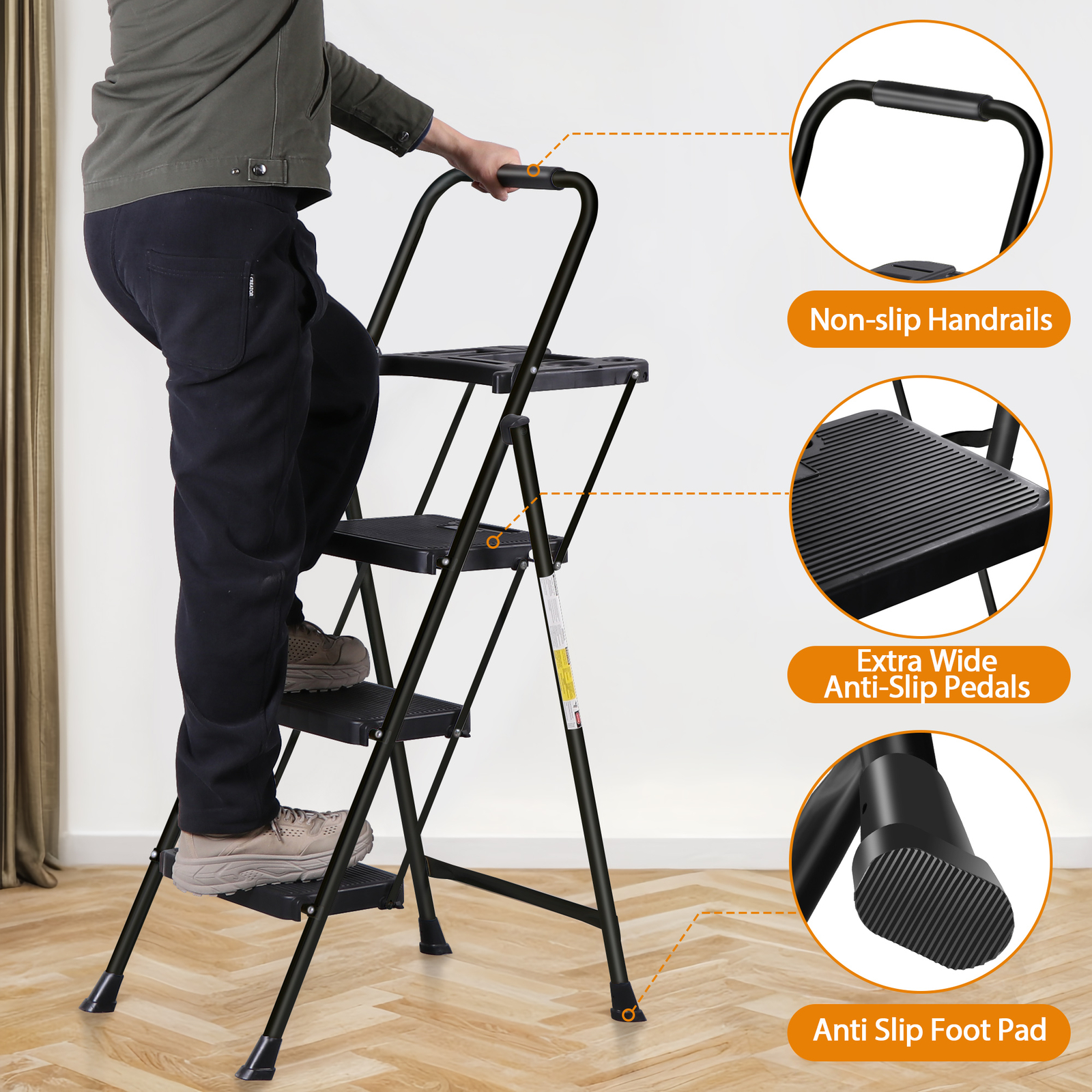 3/4/5 Step Ladder with Tool Platform Anti-Slip Sturdy & Wide Pedal Stool 330LBS