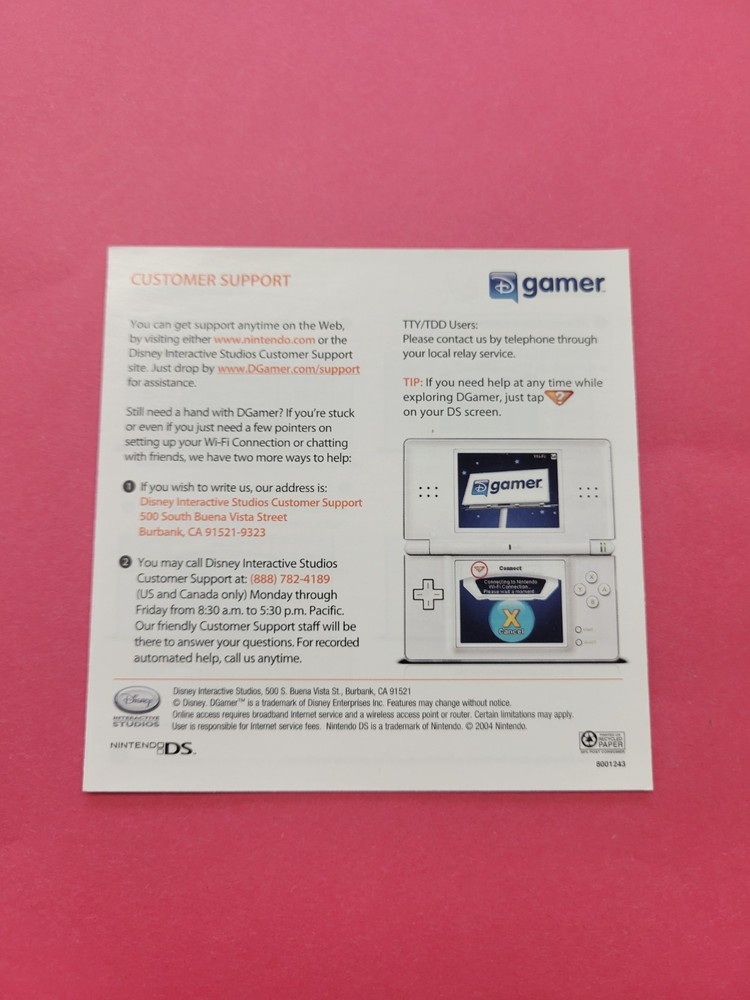 Disney Gamer Quickstart Guide Nintendo DS INSERT ONLY Authentic