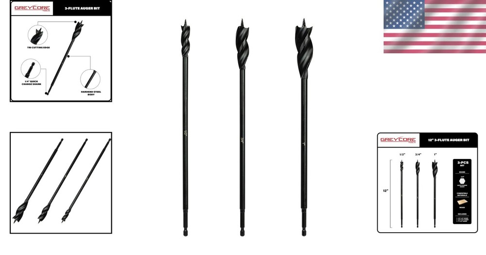 Versatile 3-Piece 12" Auger Bits for Wood - Precision Engineering & Design