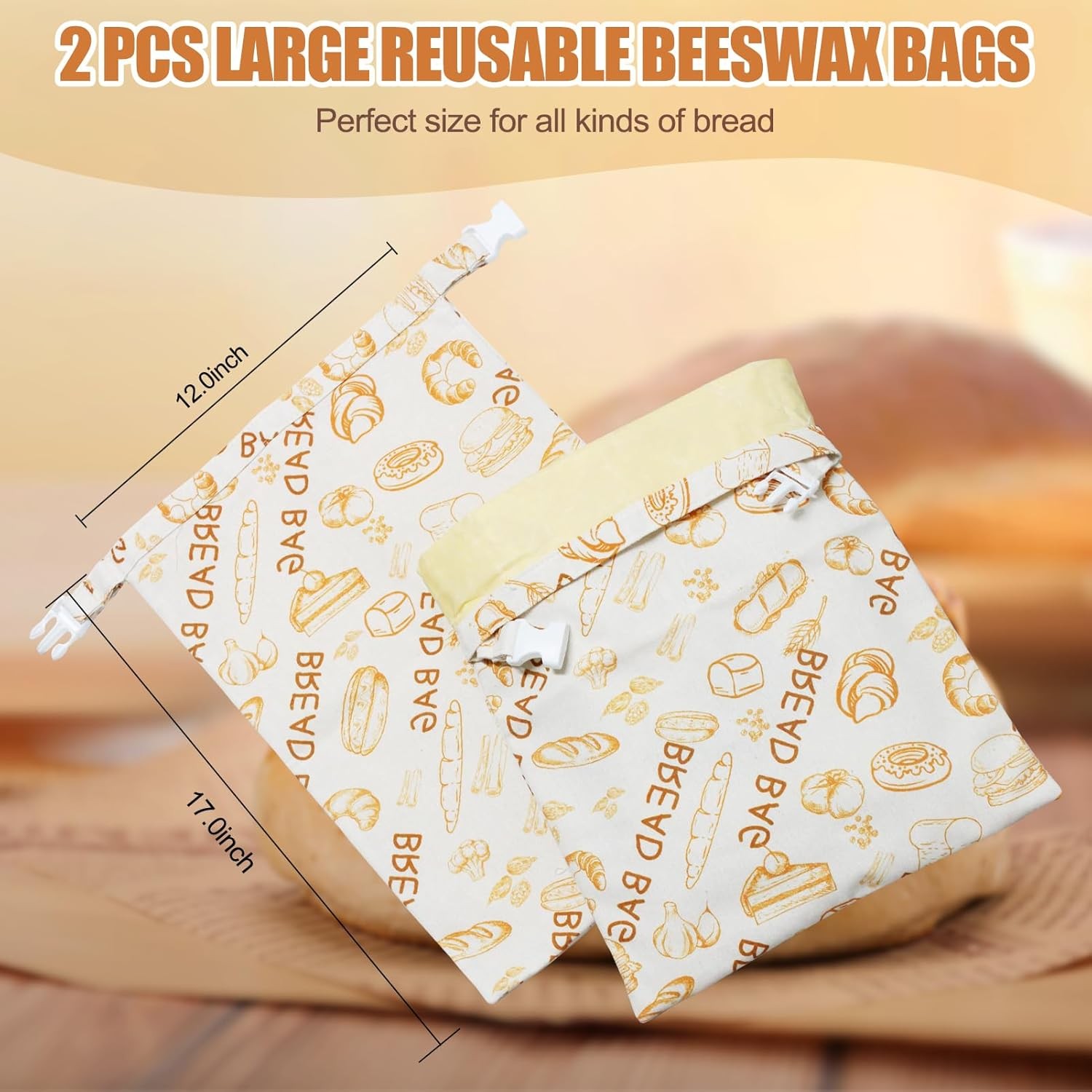 Removable Bread Bags for Homemade Bread, 2 Pack XL Beeswax Bread Bags for Sourdo