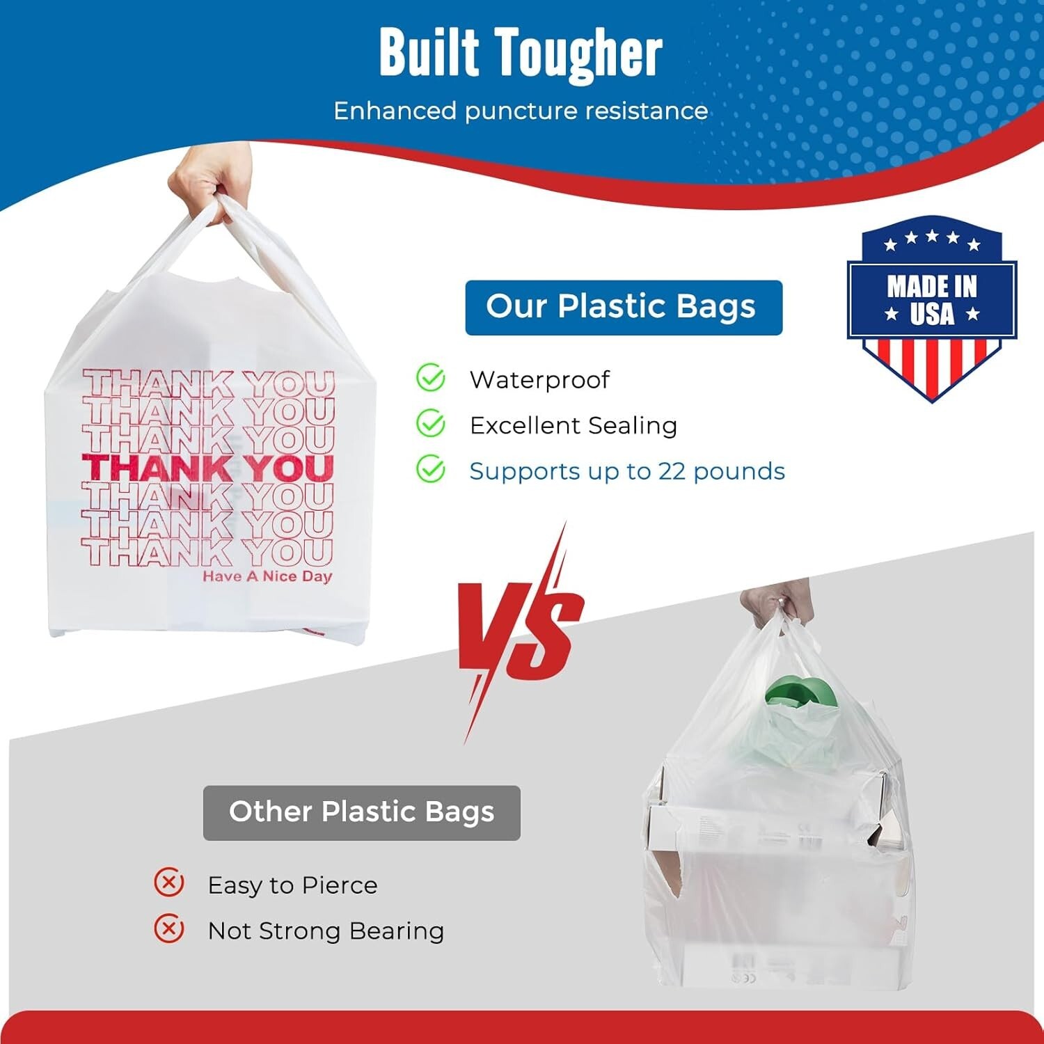 1000 Thank You T-Shirt Bags 12" x 6.5" x 21", Plastic Grocery Shopping Bags