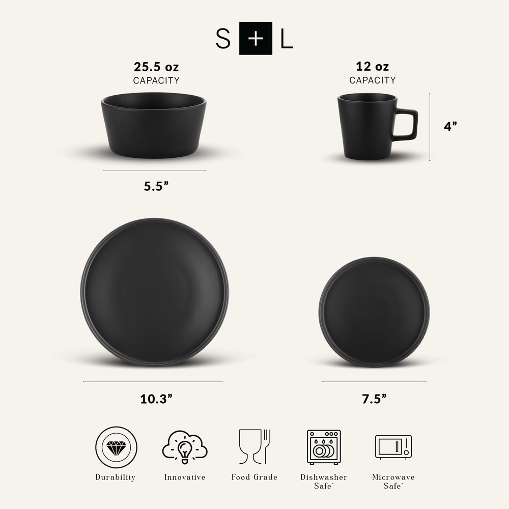 Stone Lain Coupe Dinnerware Set, Service For 4, Black Matte