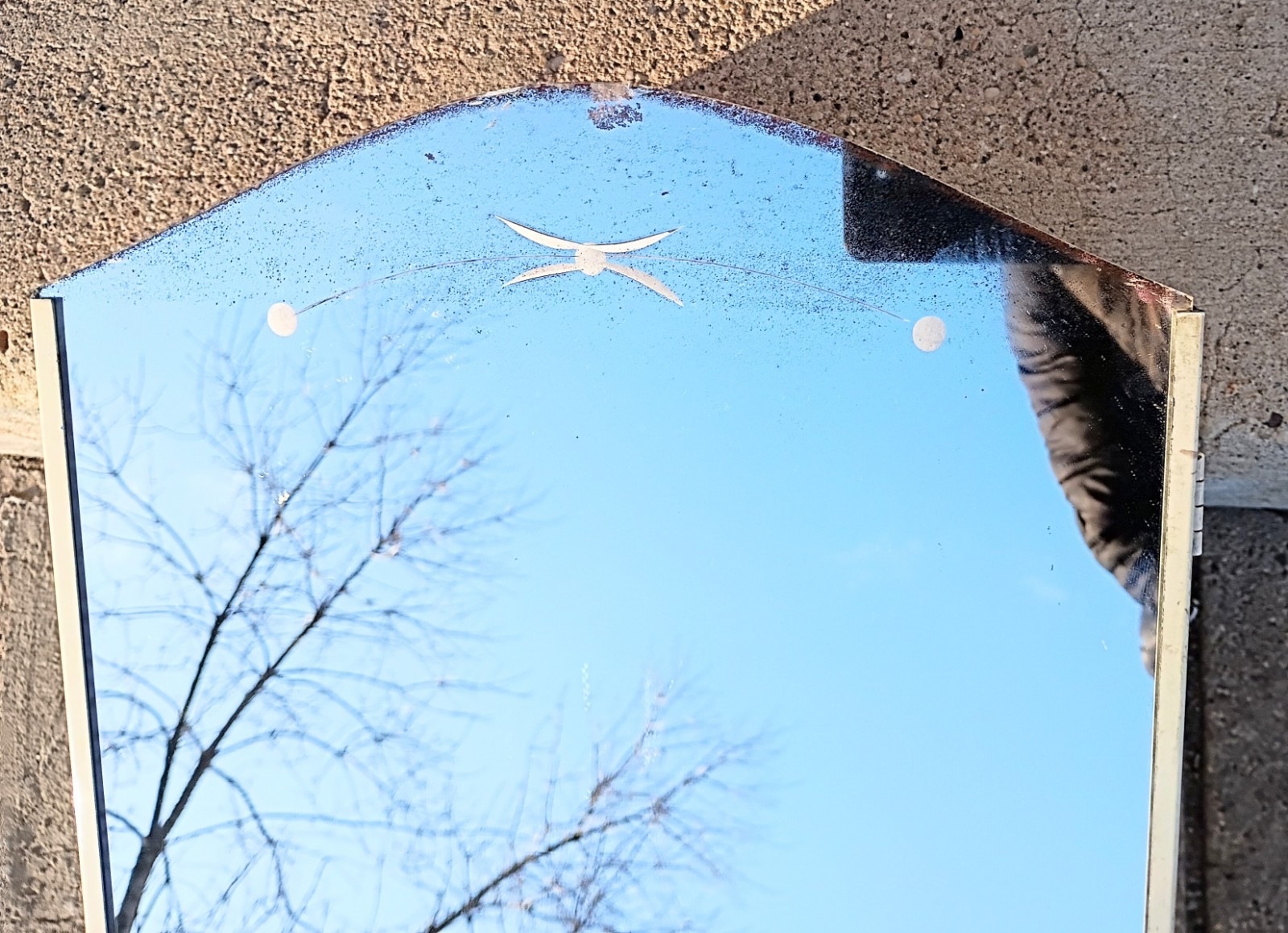 Vintage Metal Wall Mount Medicine Cabinet Arched Door Mirror Etched Lines & Dots