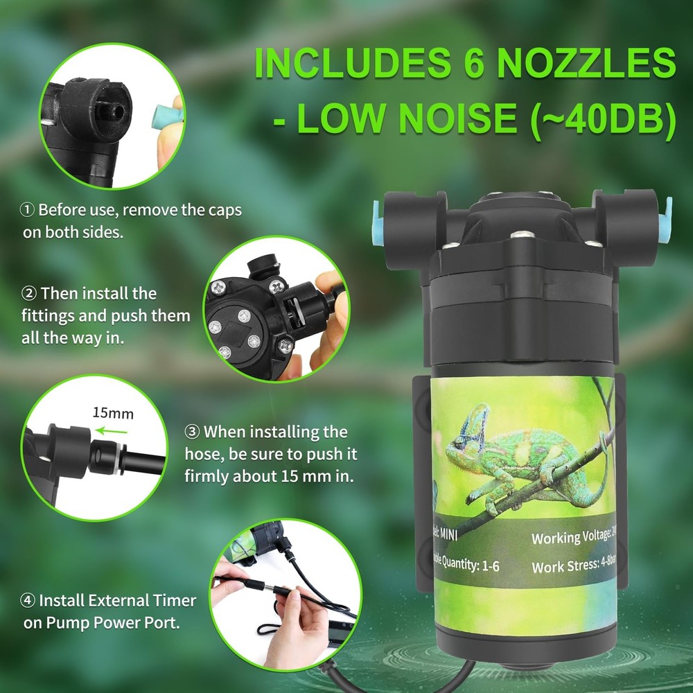 Reptile Misting System with Timer, 6 Adjustable-Joint Nozzles, -Priming Pump,...