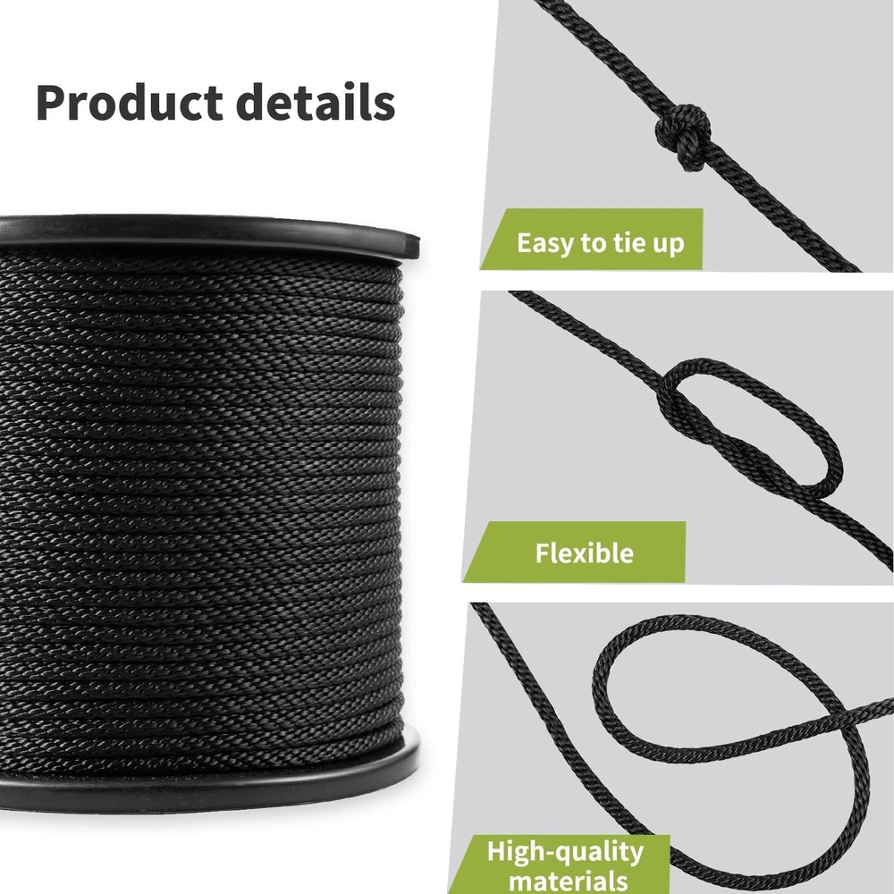 1/4'' 500' Black Polyester Solid Braid Rope
