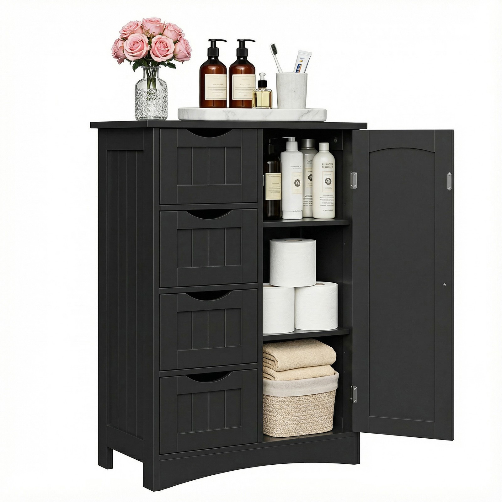 Bathroom Floor Storage Cabinet w/4 Drawers Adjustable Shelves Freestanding Black