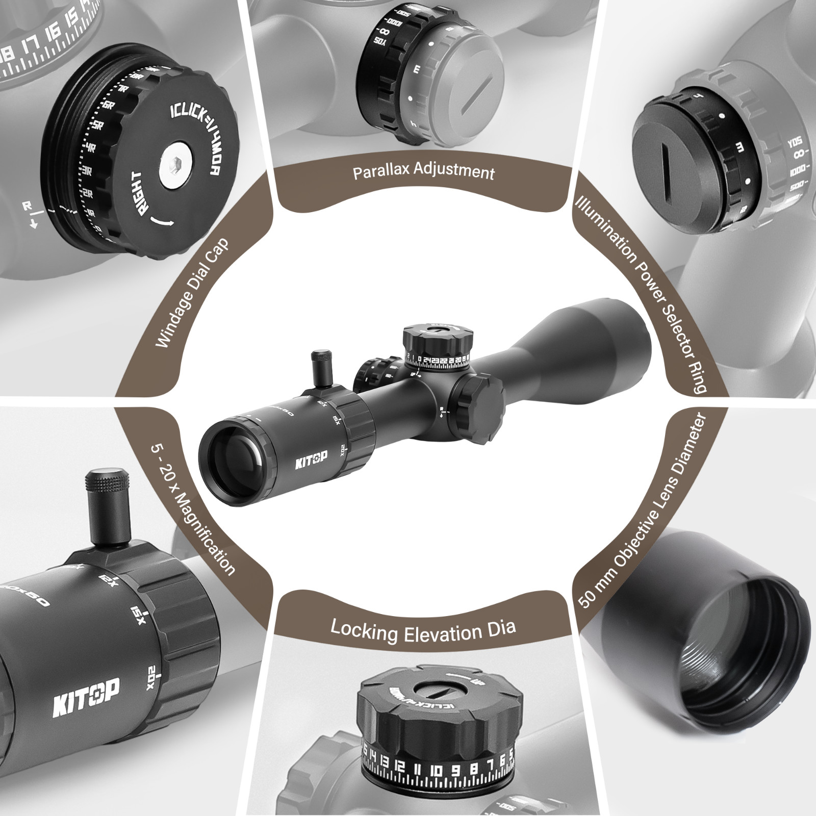 KiTOP Optics 5-20x50mm Rifle Scope FFP w/ Illuminated Crosshair MOA Reticle