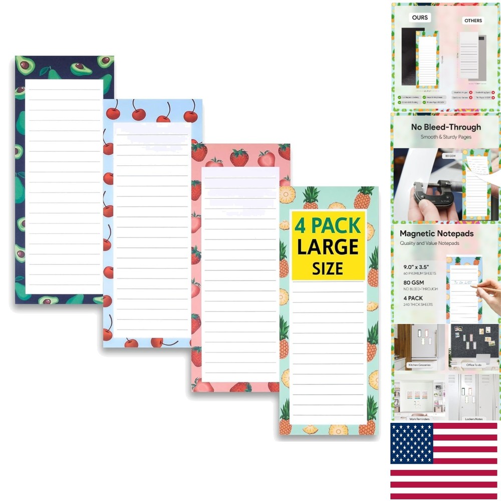Stylish Magnetic Notepads - Durable 4-Pack with Fruit Theme for Easy Note Taking