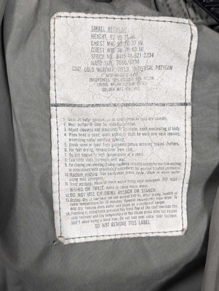 Military Issue Field Jacket Coat Cold Weather Universal Pattern Small Regular