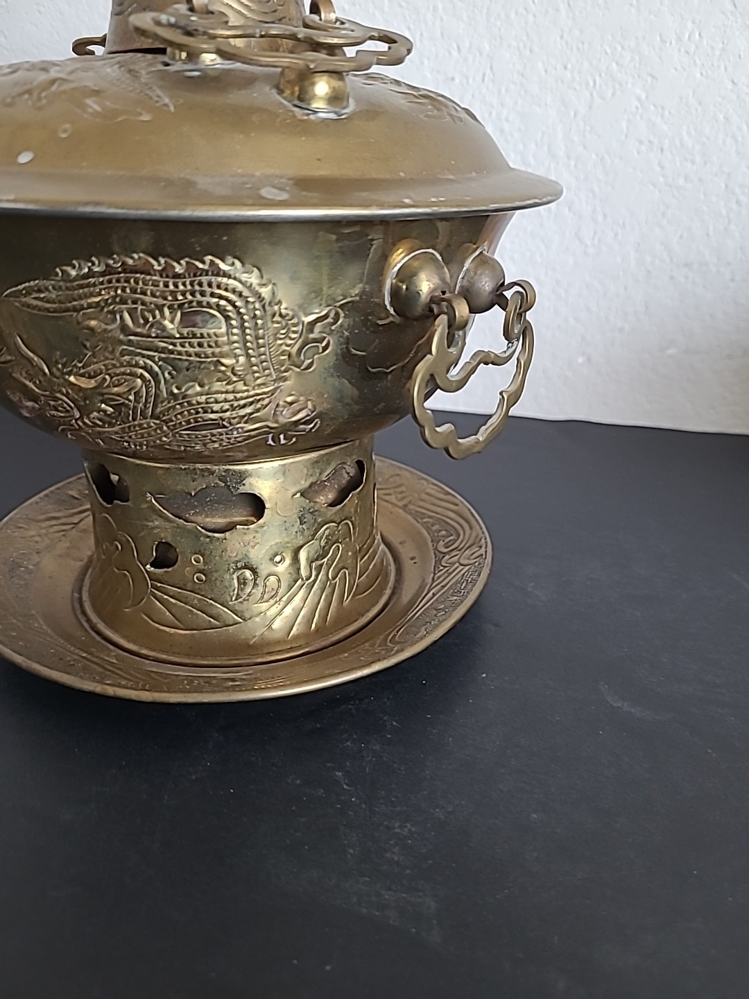 Vintage Chinese Shabu Pot Brass Hot Pot Chiseled Dragon