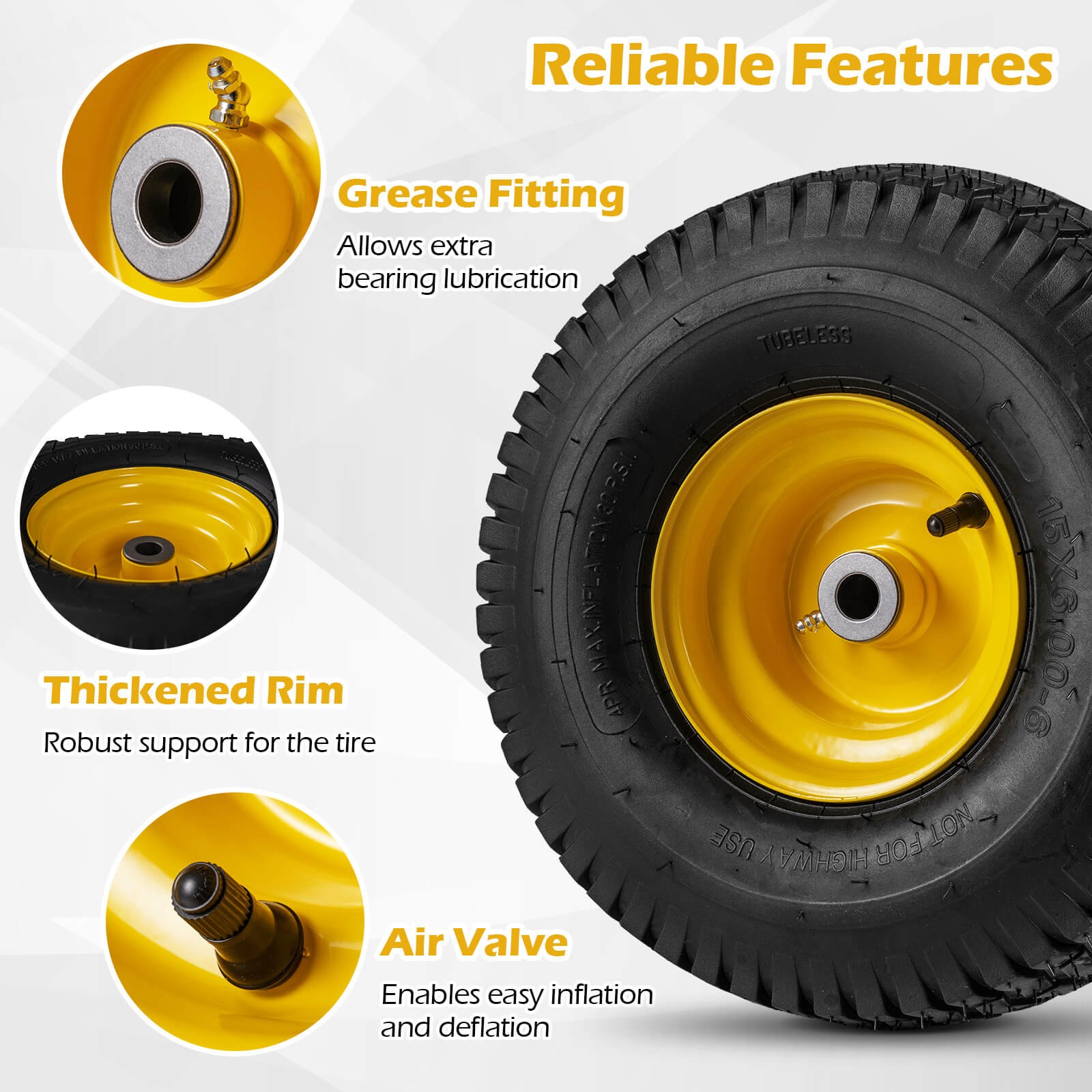 15x6.00-6Tubeless Tires&Wheels(2 Pack),4 PR/Ply Pneumatic Tires w/3"Centered Hub