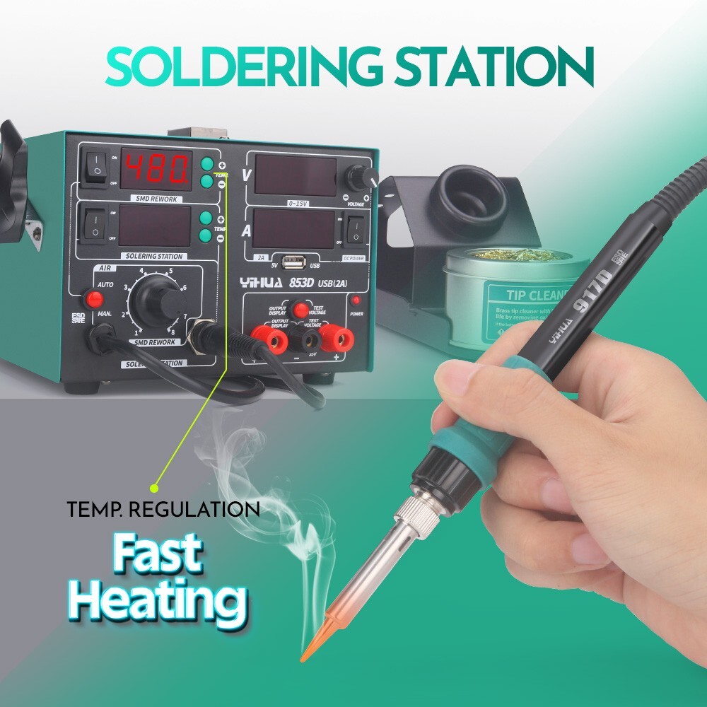 YIHUA 853D 800W 3-IN-1 Multi Station Iron Hot Air Gun 2A USB DC Power Supply
