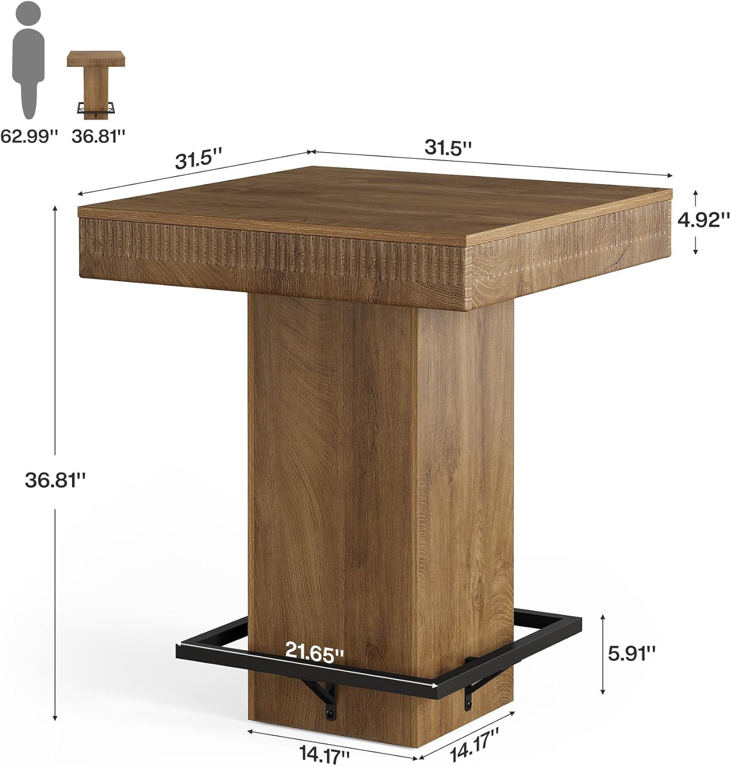 Industrial Bar Table, 37.4" Square Wooden Bistro Pub Table with Metal Footrest