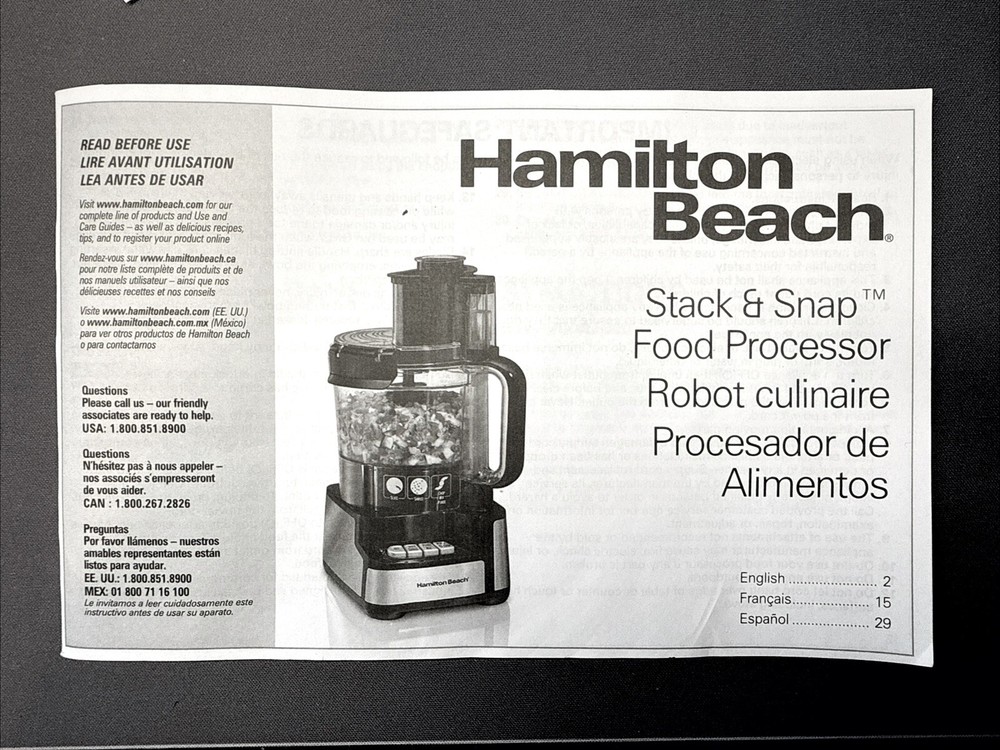 NEW Hamilton Beach Food Processor Stack & Snap 70725 70728 Replace MANUAL ONLY