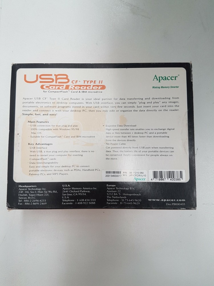 APACER COMPACT FLASH USB CARD READER JANOME MEMORY CF TYPE II COMPACTFLASH