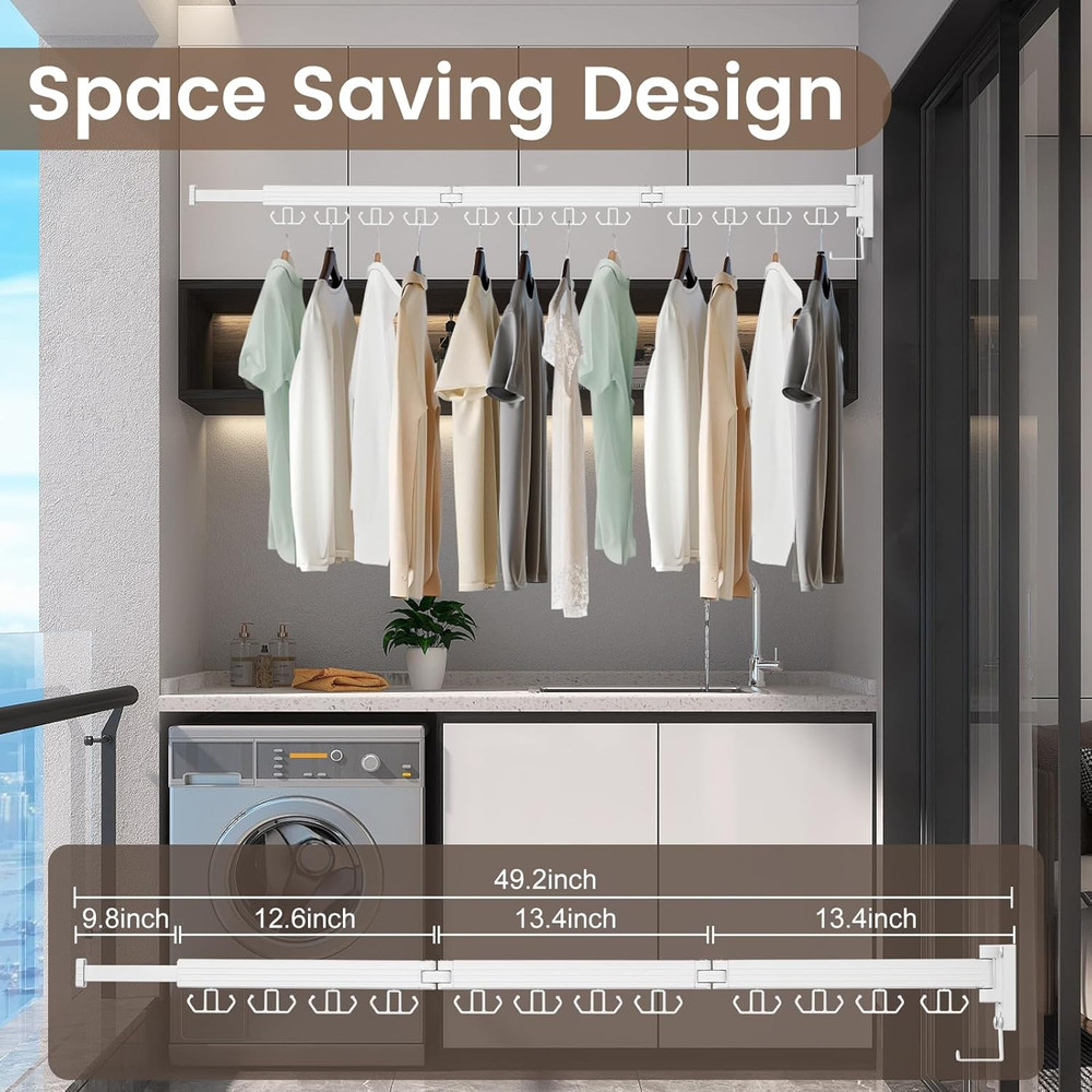 Wall-Mounted Retractable Clothes Drying Rack with 12 Hooks - Space Saver