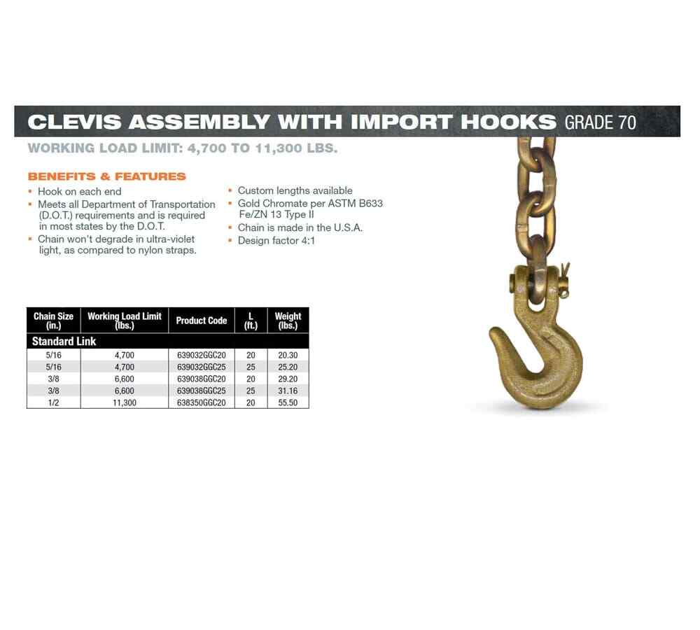 (2 Pack) 3/8"x16' Grade 70 Transport Chain MADE IN USA! With G70 Grab hooks