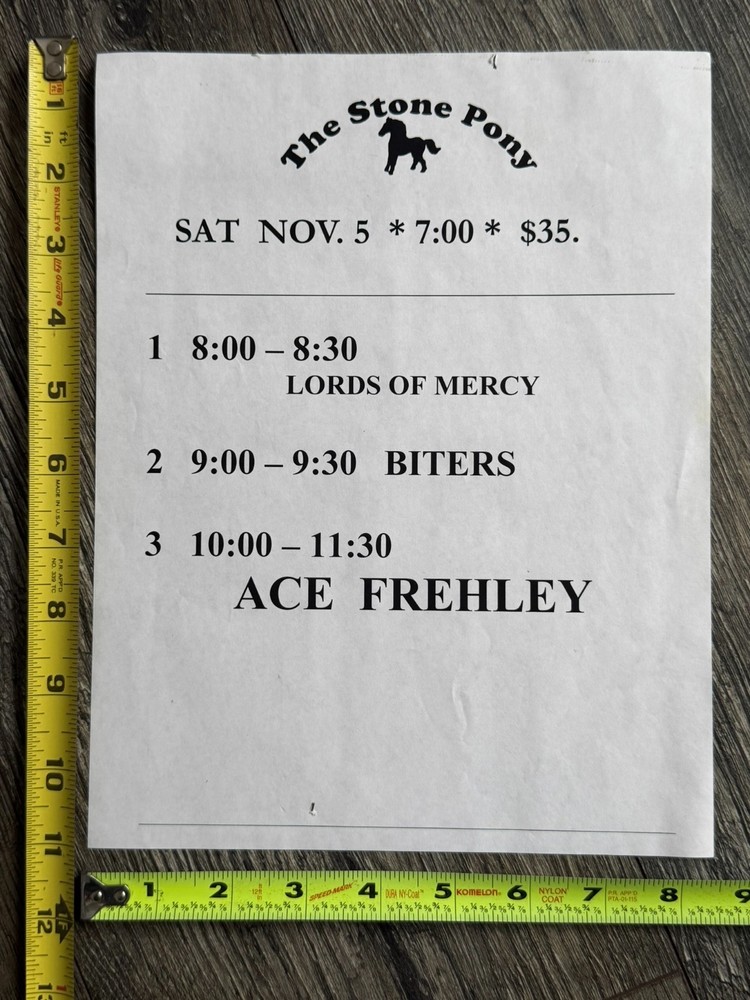 Kiss ACE FREHLEY Backstage Concert Sign Schedule Stone Pony NJ Vintage Kiss