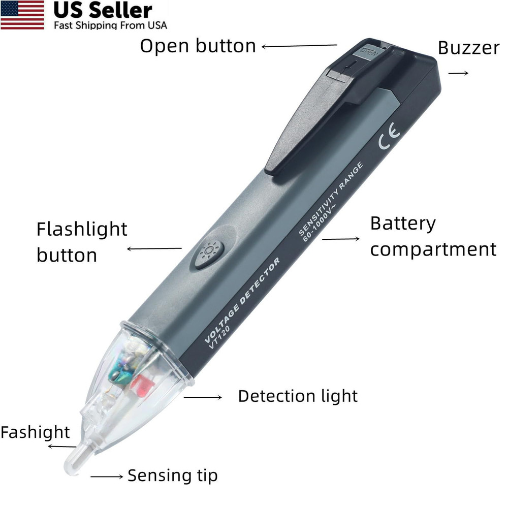 Non-Contact Voltage Tester Tools,LED Flashlight,Buzzer Black+Grey+Transparent