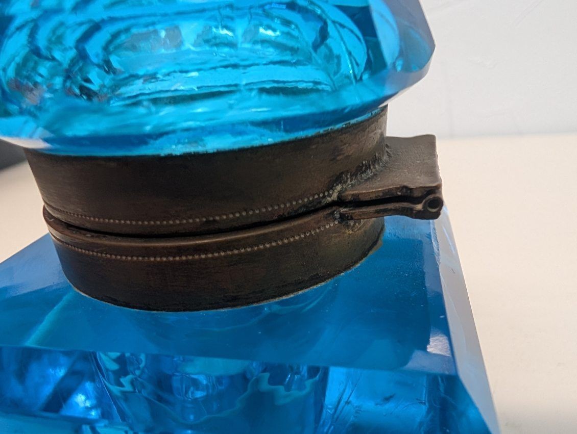 Antique Peacock Blue Glass Ink Well 1880s. Hand cut crystal.