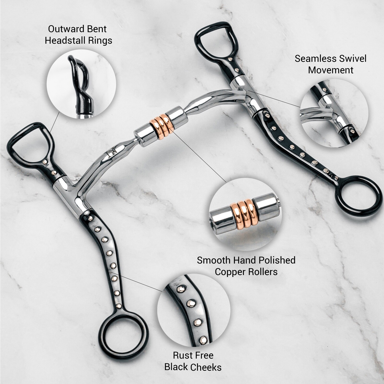 NY Tack 5" Western Silver Dotted Flat Shank Forward Copper Roller Horse Curb Bit