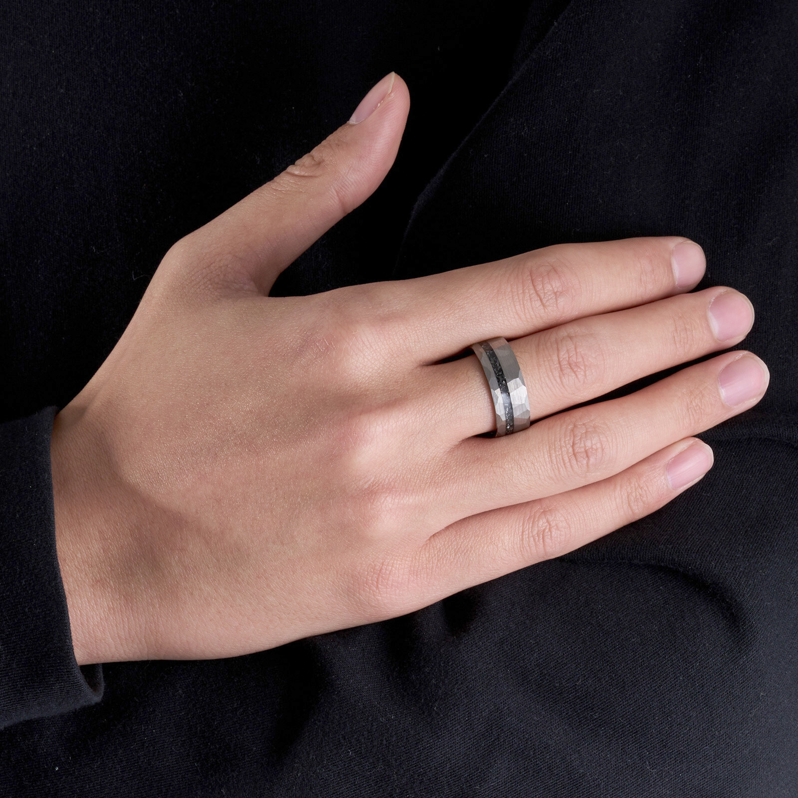 8mm Sliver Meteorite Tungsten Ring Black Line Mens Wedding Band ATOP Jewelry