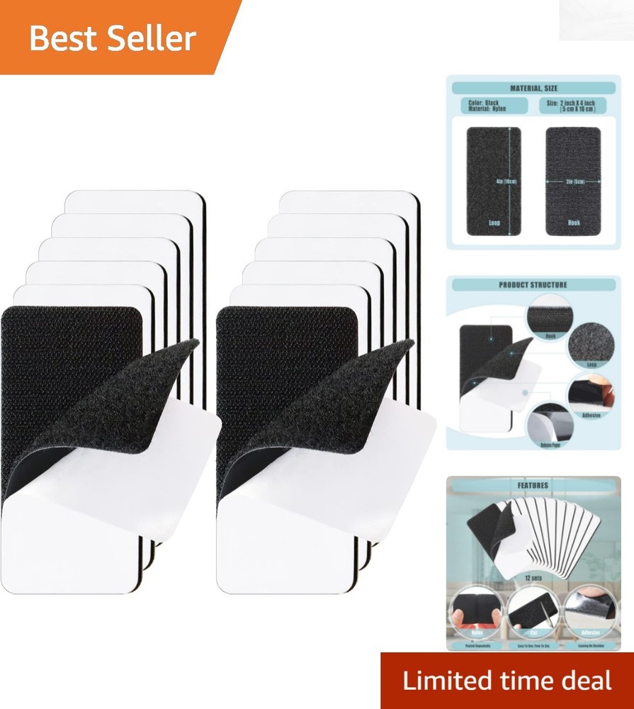 Versatile Black Hook and Loop Strips - 12 Sets for Strong Adhesive Applications