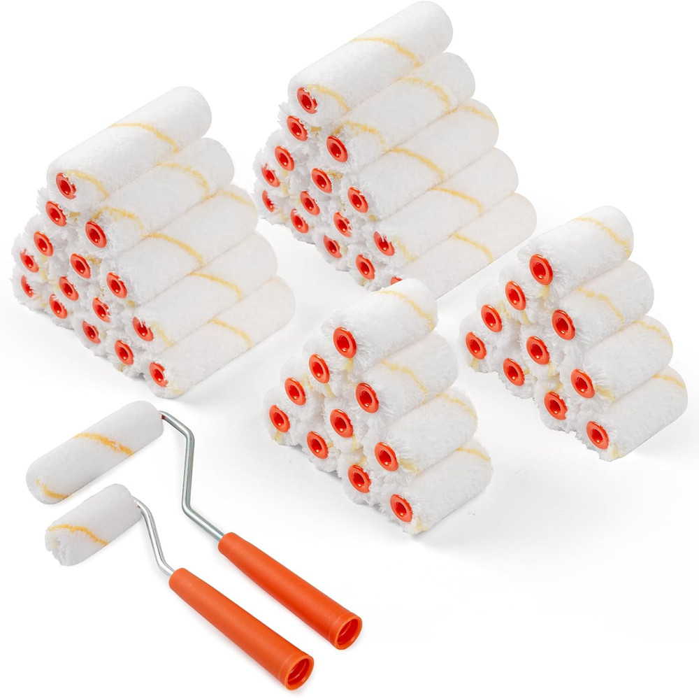 50 Pack Microfiber Paint Roller Covers 2" 4" Mini Rollers With Frame 3/8 Nap Kit