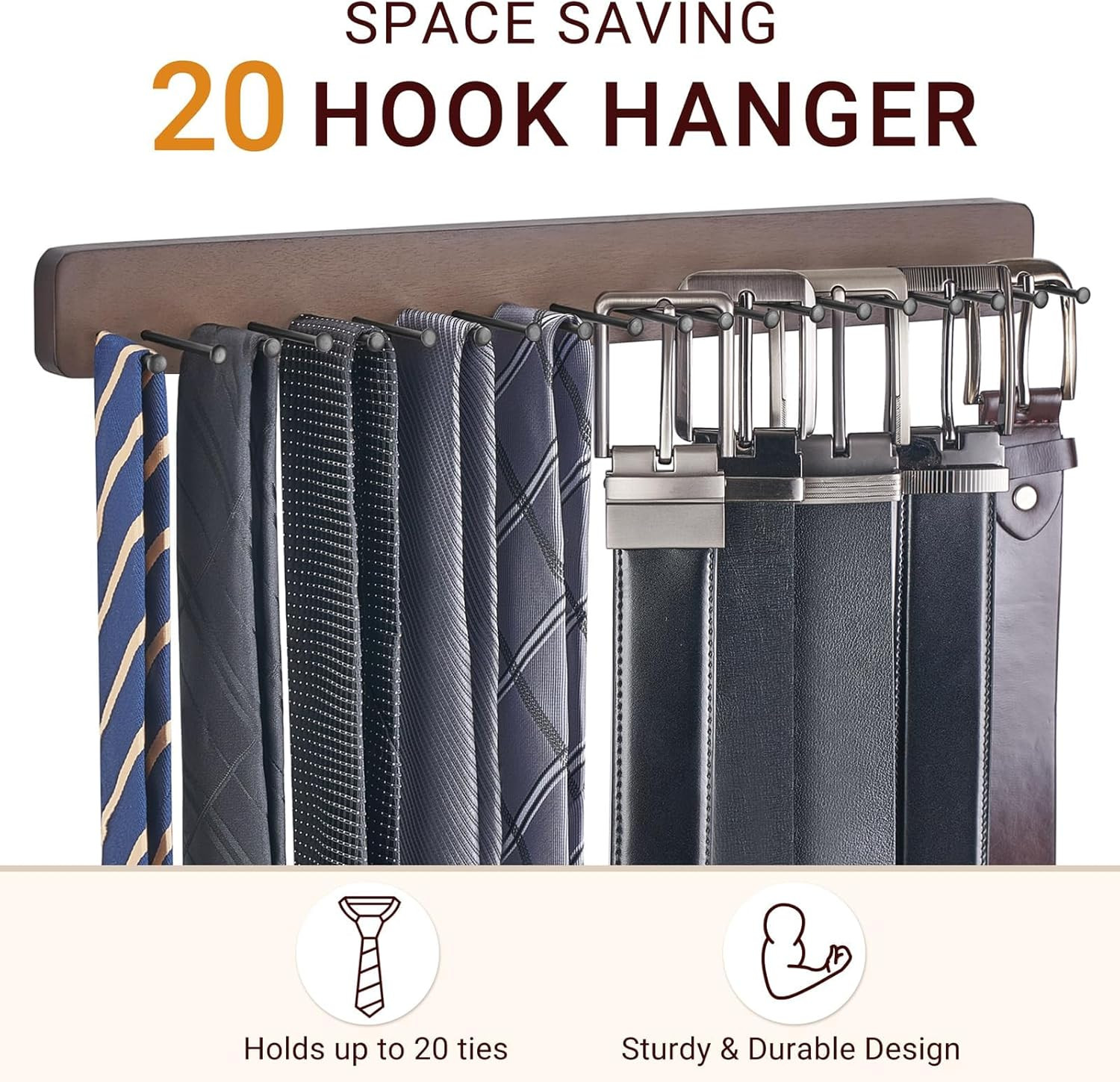 Mkono Tie Rack Wall Mounted Belt Hanger Holder Rustic Wood Tie Organizer for Men