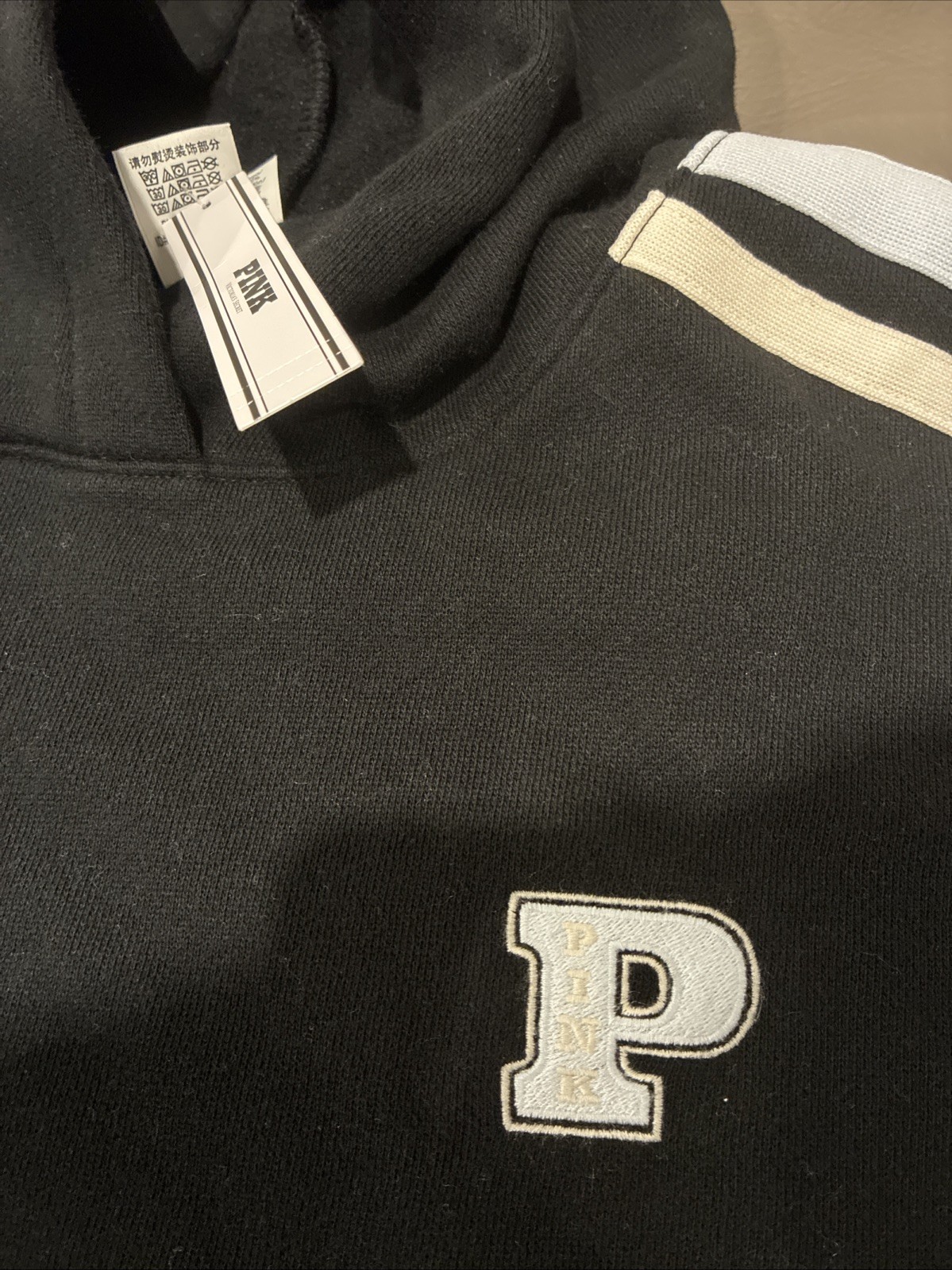 New Victoria’s Secret Pink Pullover Hoodie (L) Black Logo Stripe NWT