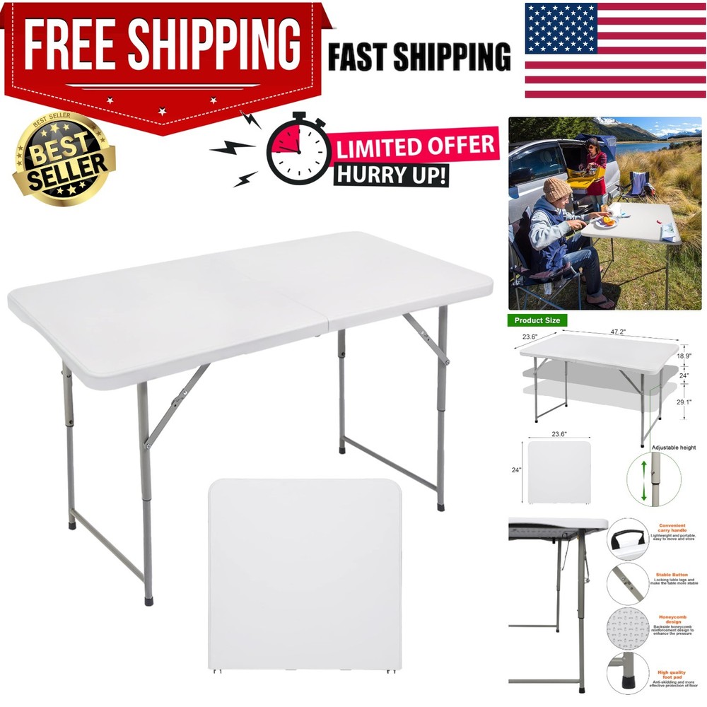 4ft Folding Utility Table - Portable, Adjustable Height for Dining & Picnics