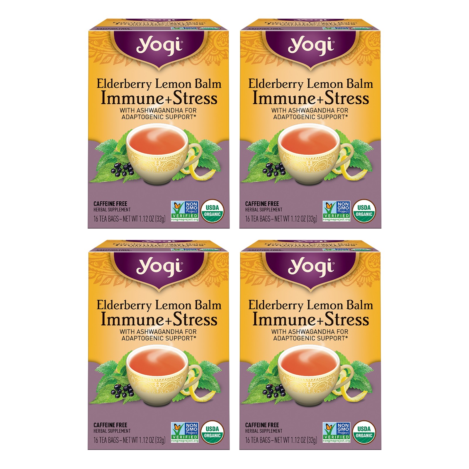 Yogi Tea Elderberry Lemon Balm Immune & Stress Tea - 16 Tea Bags per Pack (4 ...