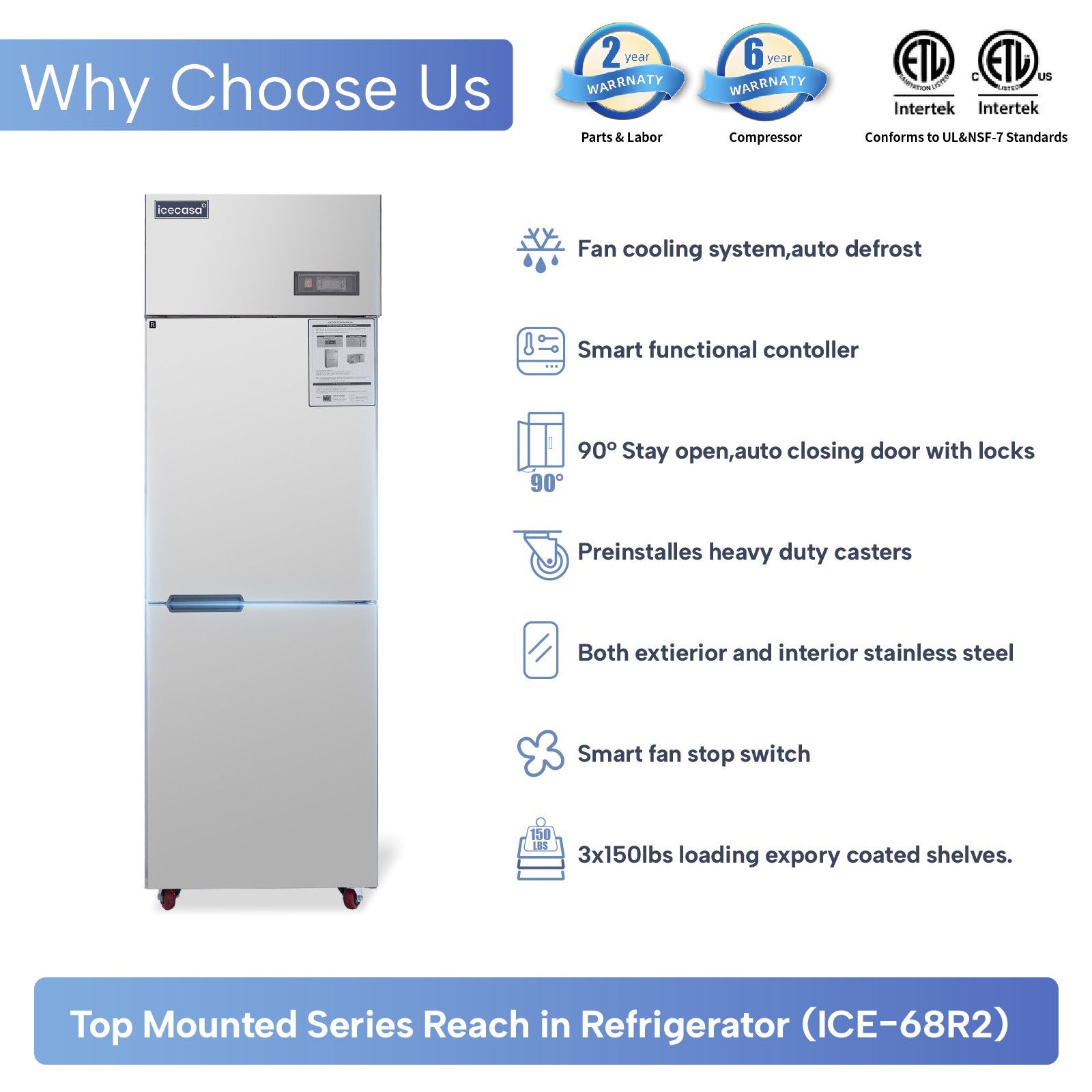 ICECASA 24" Commercial Reach In Refrigerator Split Door 15 Cu.ft Stainless Steel