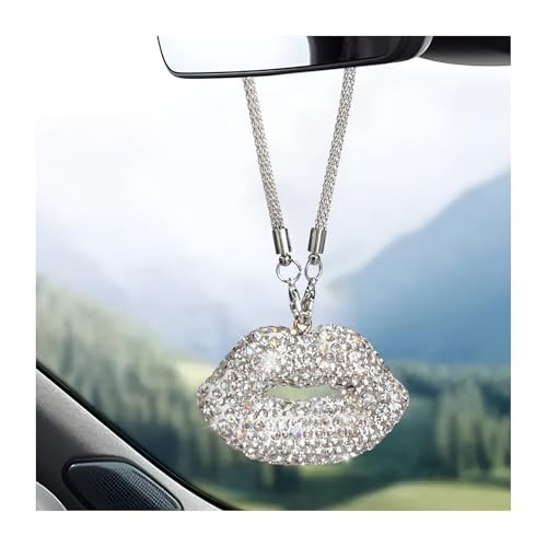 Bling Lip Car Rear View Mirror Charm, Personalized Rhinestone Lip Pendant White