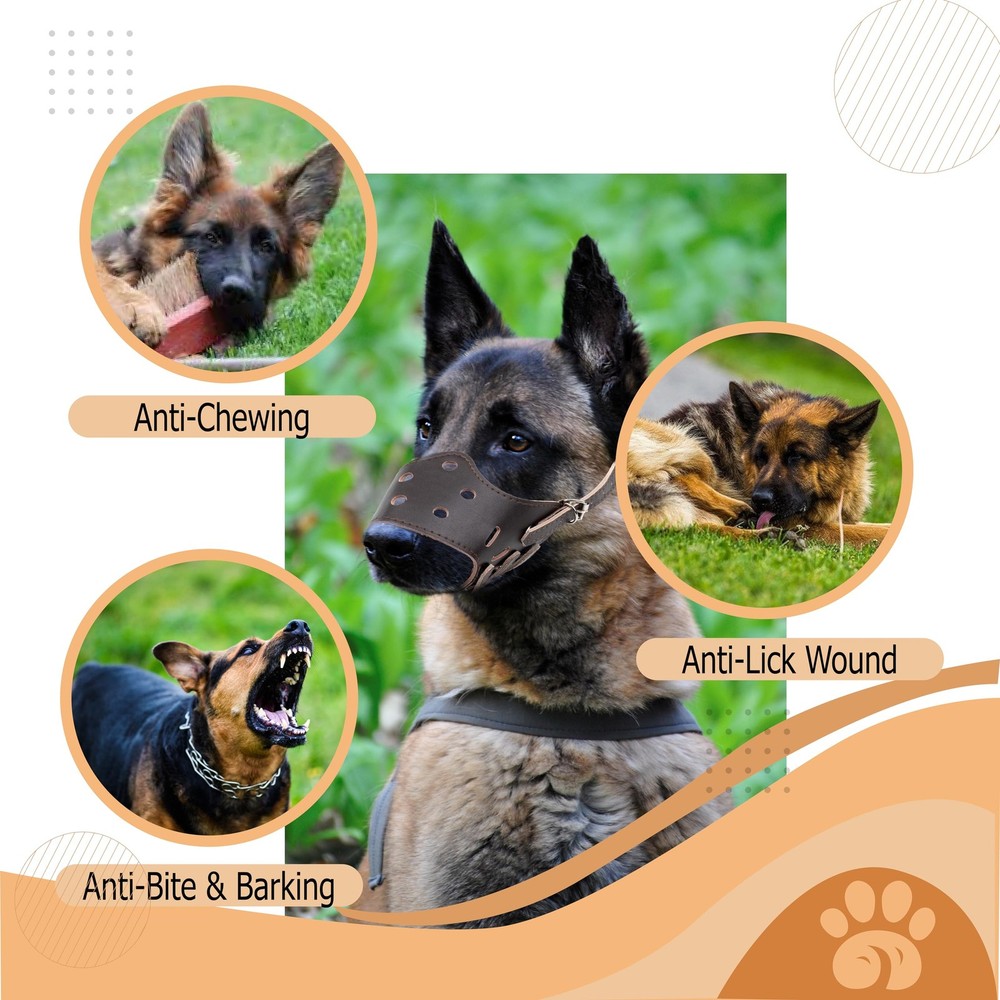 Wagably Brown Leather Muzzle for Dogs - Secure Basket - Large,