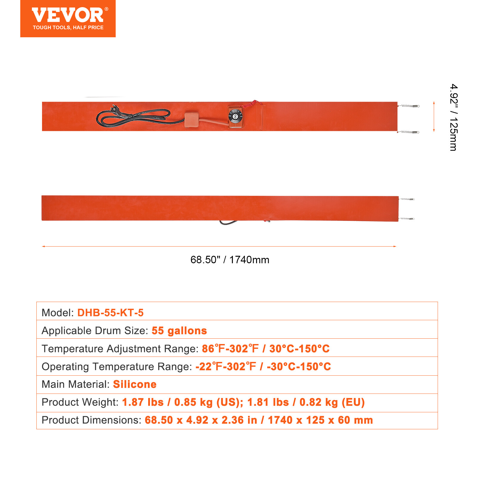 VEVOR 55 Gallon Metal Drum Heater 1200 Watt 5 inch Width 86-302℉ Adjustable