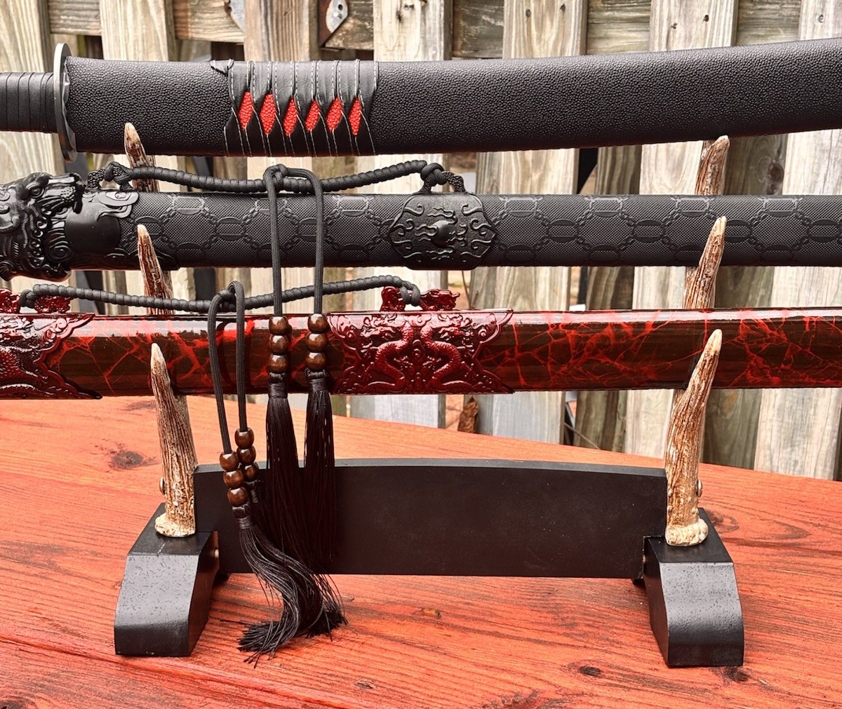 Katana Stand Antler Samurai Sword Stand Faux Antlers With Black Wood Base 3 Tier