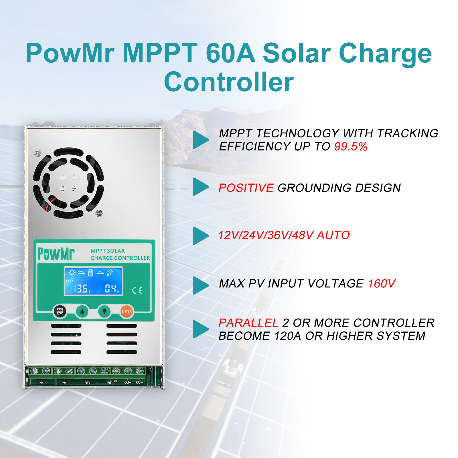 PowMr 60A MPPT Solar Panel Battery Charge Controller 12V/24/36/48V LCD Regulator