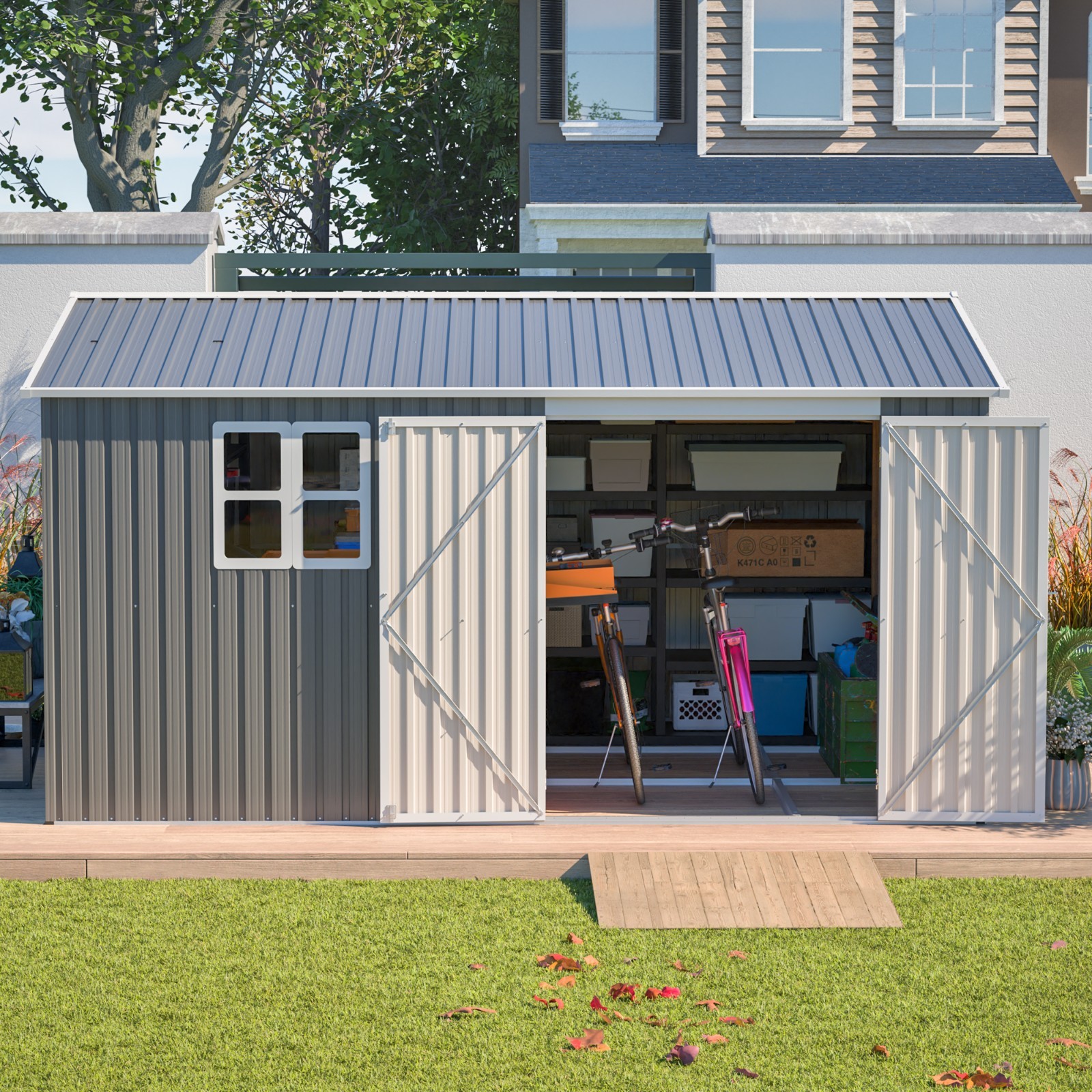 12'x10' Metal Outdoor Storage Shed Heavy Duty Garden Shed w/ Floor Kit & Window