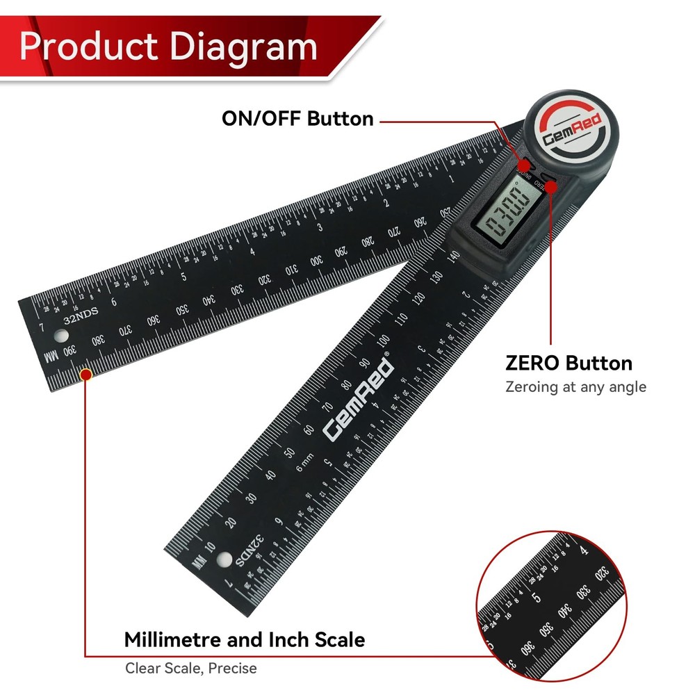 GemRed Digital Protractor Digital Angle Finder Ruler