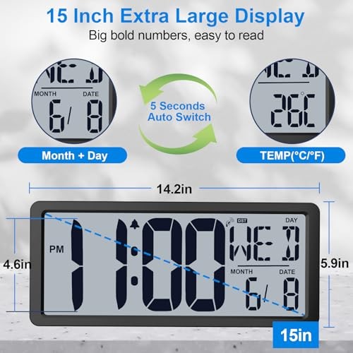 Backlight Digital Wall Clock Battery Operated with Bluetooth Time Sync/No Black