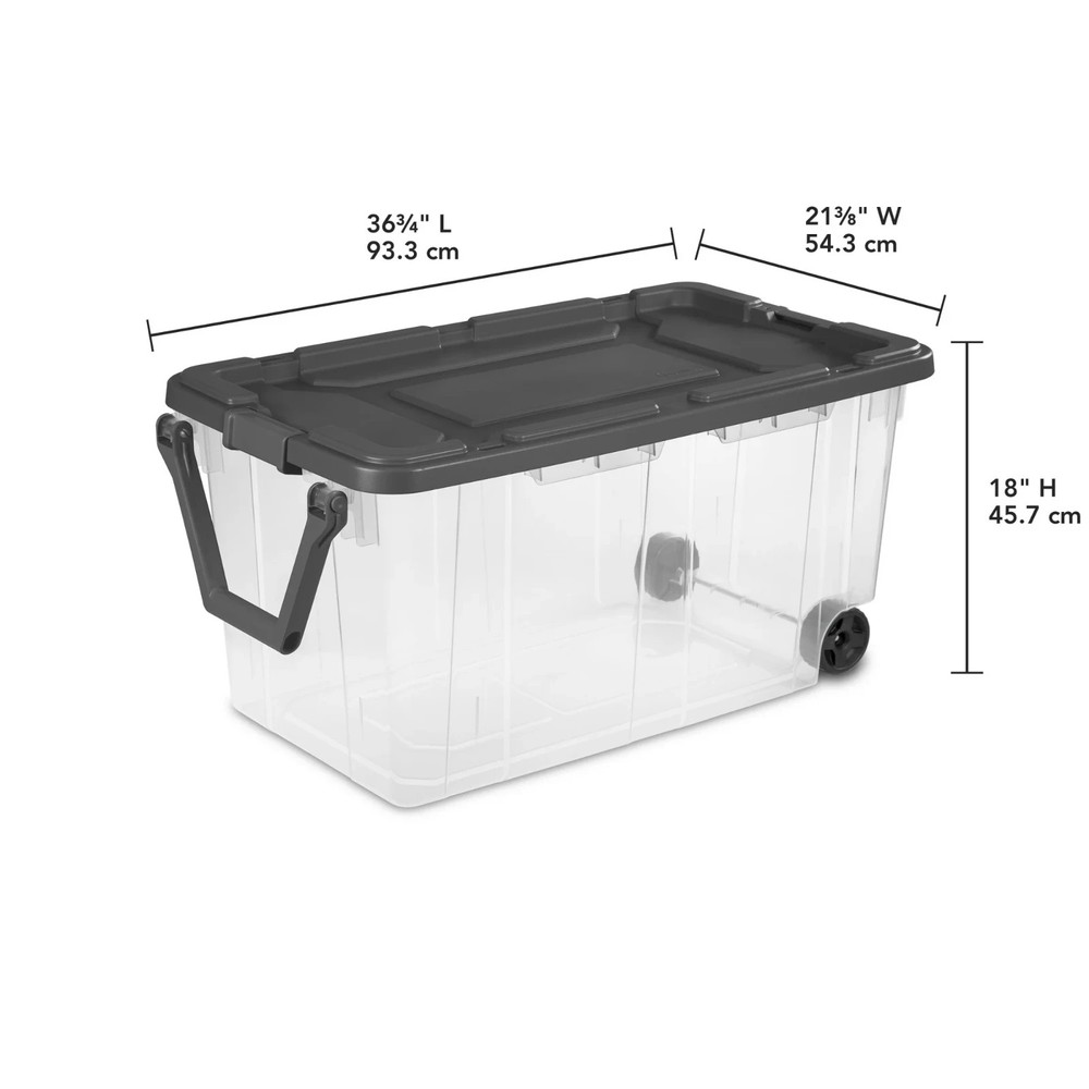 Sterilite 160 Quart Wheeled Stacker, Latch Lid and Pull Handle, Gray, 2 Count