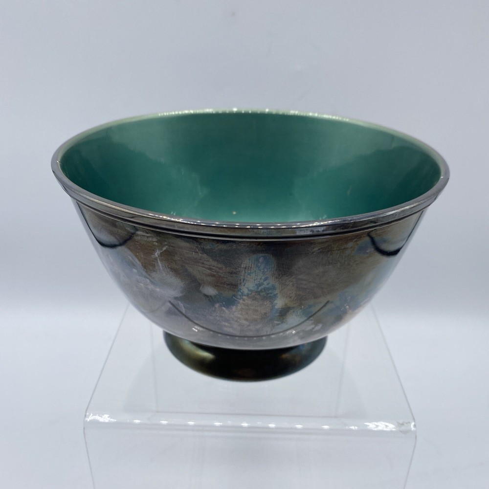 Towle Silversmiths Teal Green Enamel Footed Bowl Silverplated 5002 Vintage 5.75"