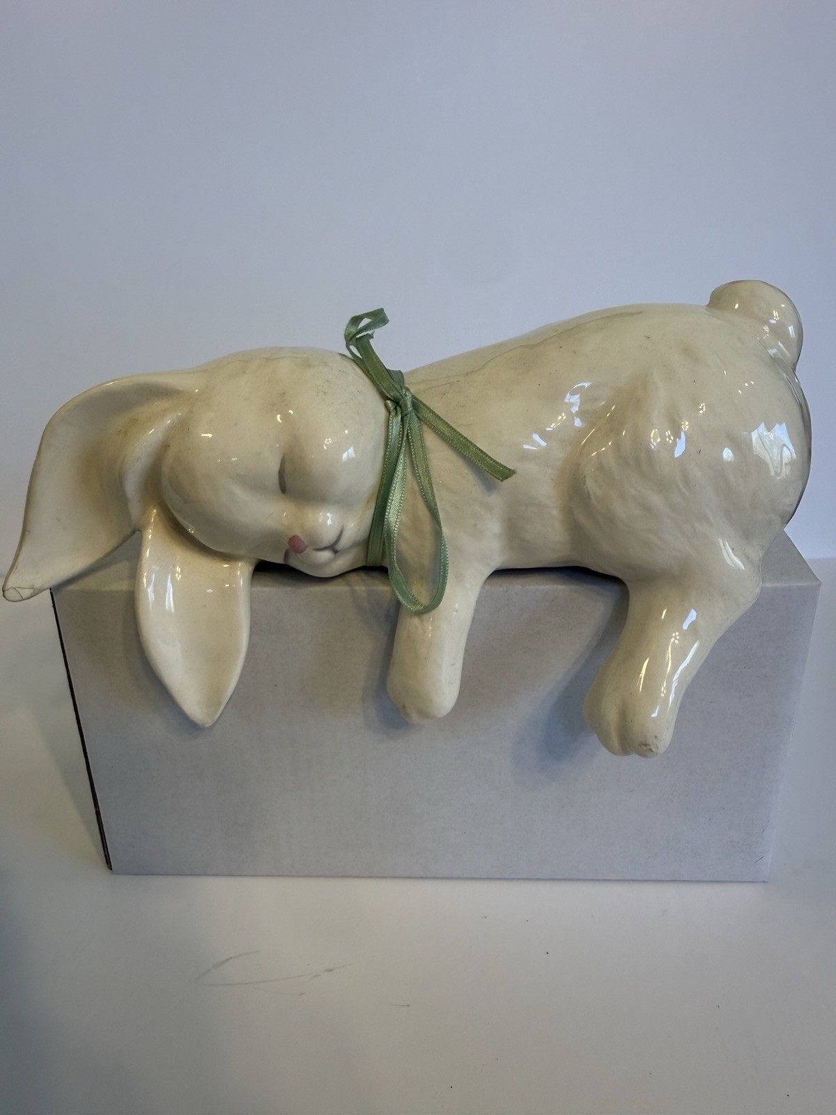 Vintage Ceramic Sleeping Bunny Shelf Sitter Hand-painted White Rabbit Ear Repair