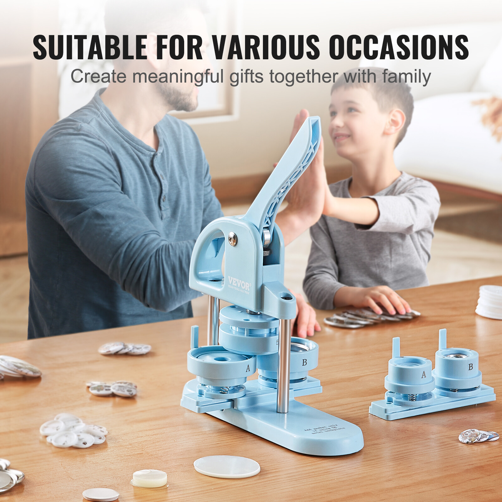 VEVOR Button Maker Machine Pin Badge Maker 1/1.25/2.28 inch 3-in-1 Blue for DIY